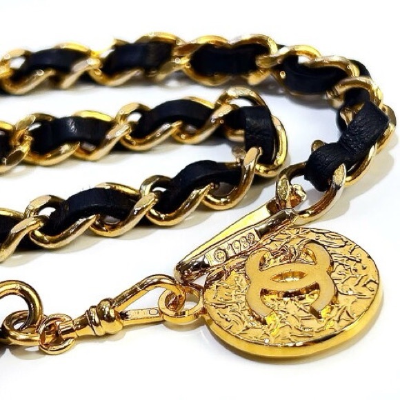 Authentic 1982 CHANEL vintage black and child leather chain belt 95cm main image 10